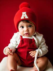 Gorro de tricô para recém-nascido com estampa de 26 letras, ideal para outono/inverno, para crianças e bebês de 0 a 5 anos. Pode ser usado como acessório, gorro infantil ou como presente de aniversário. - Vermelho - Ver 2