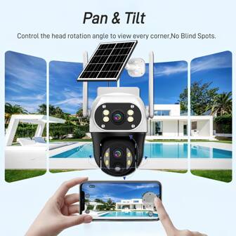 1 Pc Solar-Powered 4G SIM Card IP Camera – 12MP Ultra HD Dual Lens Triple Screen, 350°PTZ Rotation, AI Tracking, Color Night Vision, 10x Zoom, Two-Way Audio, PIR Motion Detection, Smart Alarm Alerts, IP66 Waterproof, Wireless Outdoor/Indoor Security Camera For Home, Office, Yard, Farm, Pet Monitoring With Mobile App , Solar Charging