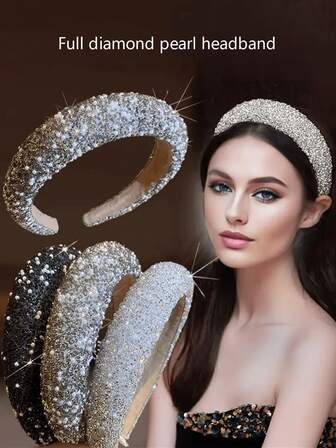 1pc Elegant Vintage Shiny ABS Plastic Diamond & Pearl Headband, Luxurious European & American Fashion, Lightweight Sponge Makeup Headwear, Suitable For Commuting, School, Work, Beach, Party, Red Carpet, Photography, Vacation, Gift