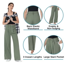 Women's Petite/Regular/Tall 3 Lengths Wrinkle-Free Flowy Office Dress Pants Slacks Breathable Workout Casual Wide Leg Stretchy High Waist Business Trousers - 軍綠色 - 查看 6