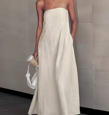 Womens Linen Wrap Dress Backless Maxi Sleeveless Two Colors Ivory And Linen Beige Beach Wedding Guest Dress High Waist Vacation Long Dress - 米色 - 查看 4