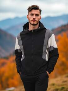 Men's Outdoor Jacket, Contrast Color Casual Windbreaker, Sport Jacket, Coat - Black - View 8