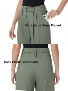 Women's Petite/Regular/Tall 3 Lengths Wrinkle-Free Flowy Office Dress Pants Slacks Breathable Workout Casual Wide Leg Stretchy High Waist Business Trousers - 軍綠色 - 查看 4