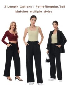 Women's Petite/Regular/Tall 3 Lengths Wrinkle-Free Flowy Office Dress Pants Slacks Breathable Workout Casual Wide Leg Stretchy High Waist Business Trousers - 黑色 - 查看 3