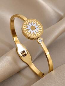 18K 镀金不锈钢浪漫金色月亮星星太阳花朵手镯镶嵌锆石，优雅可叠戴珠宝，适合女士和女孩，妈妈礼物，返校礼物，万圣节礼物，夏季旅行海滩珠宝，波西米亚风格珠宝，狂欢/舞会/派对/日常配饰，生日礼物