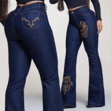 Women's Country Flare Embroidered Jeans Boiadeira With Elastane High Waist Rodeio Muladeira Reinforced Fabric Premium Flaer - 深色刺繡喇叭褲 - 查看 2