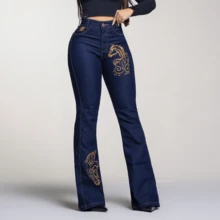 Women's Country Flare Embroidered Jeans Boiadeira With Elastane High Waist Rodeio Muladeira Reinforced Fabric Premium Flaer - 深色刺繡喇叭褲 - 查看 4