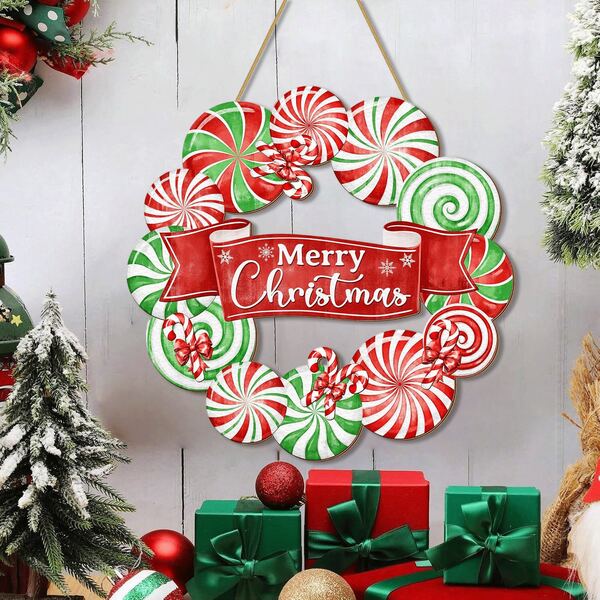 Weihnachts-Türschild Pfefferminzbonbon Vordertür Dekoration, Fröhliche Weihnachten Kranz Schild für Weihnachtsdekorationen, Rustikaler Holztüranhänger, Weihnachts-Feiertags-Veranda, Garten, Fenster, Heim-Dekoration