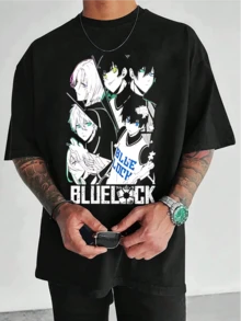 Camiseta masculina verano moda estampado personajes Blue Lock anime gráfico cuello redondo manga corta 220g algodón puro pesado gruesa y cómoda - Negro - Ver 1