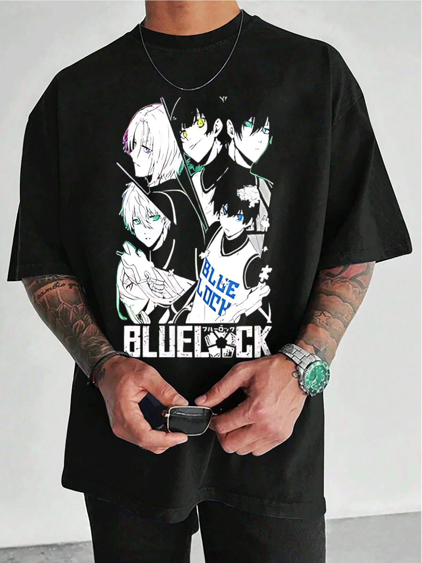 Camiseta masculina verano moda estampado personajes Blue Lock anime gráfico cuello redondo manga corta 220g algodón puro pesado gruesa y cómoda - Negro - Ver 1
