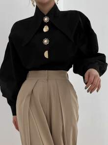 春季时尚长袖衬衫尖领办公室女士衬衫办公室女士衬衫翻领宽松服装 - 黑色 - 查看 3