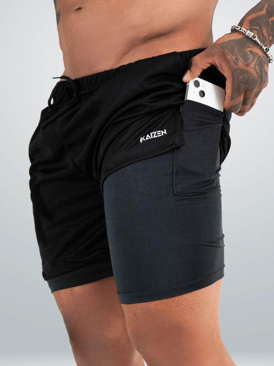 Shorts Compressão 2 em 1 Dry Fit Masculino com Bolso para Celular Porta Toalha e Cordão de Ajuste Academia Final de Ano