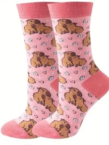 1/3 Pairs Pink Capybara Pattern Socks, Suitable For Daily Wear, Handwash, Cute Design With Anti-Slip And Moisture-Wicking Features - Multicolor - View 1
