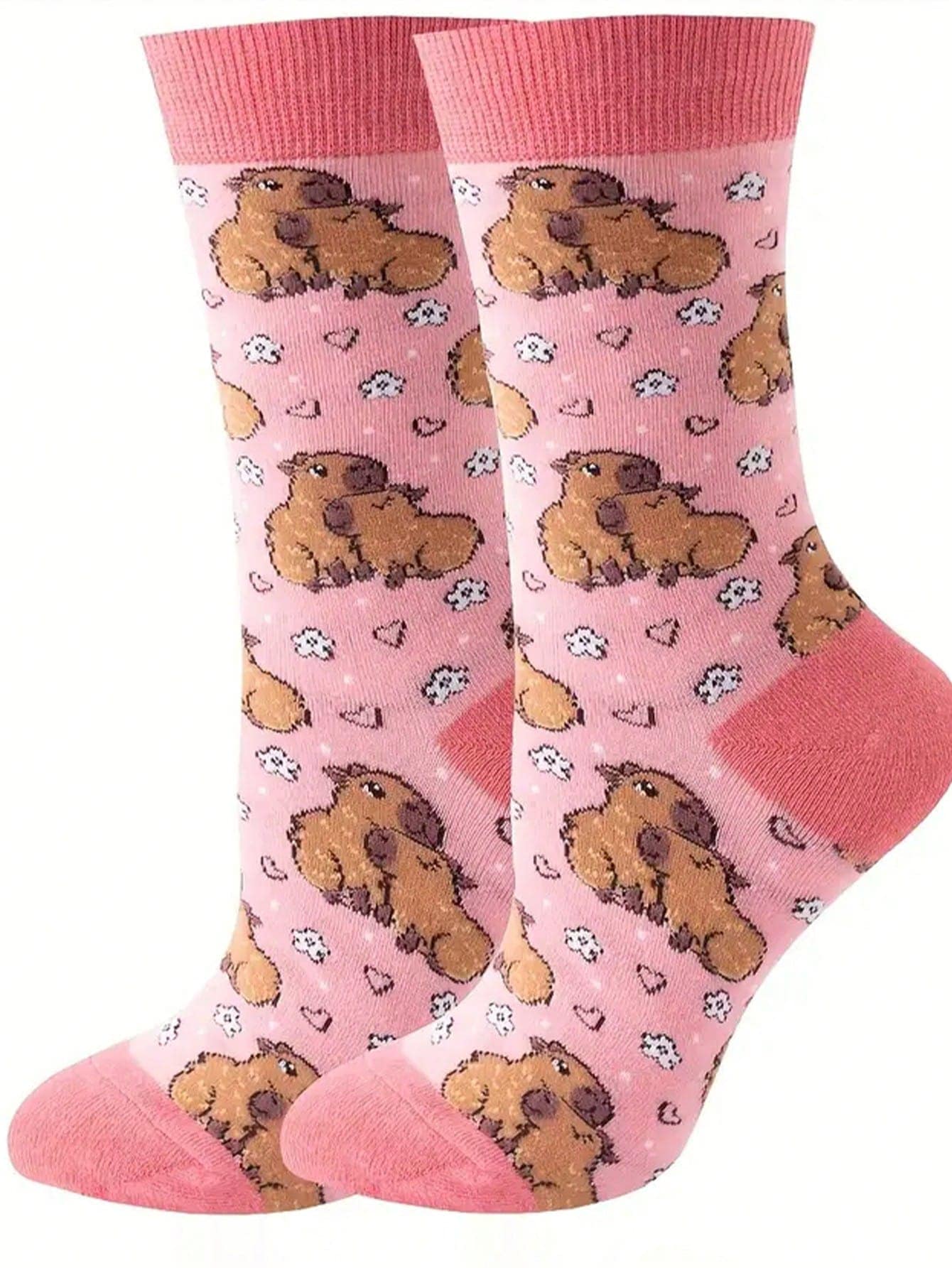1/3 Pairs Pink Capybara Pattern Socks, Suitable For Daily Wear, Handwash, Cute Design With Anti-Slip And Moisture-Wicking Features - Multicolor - View 1