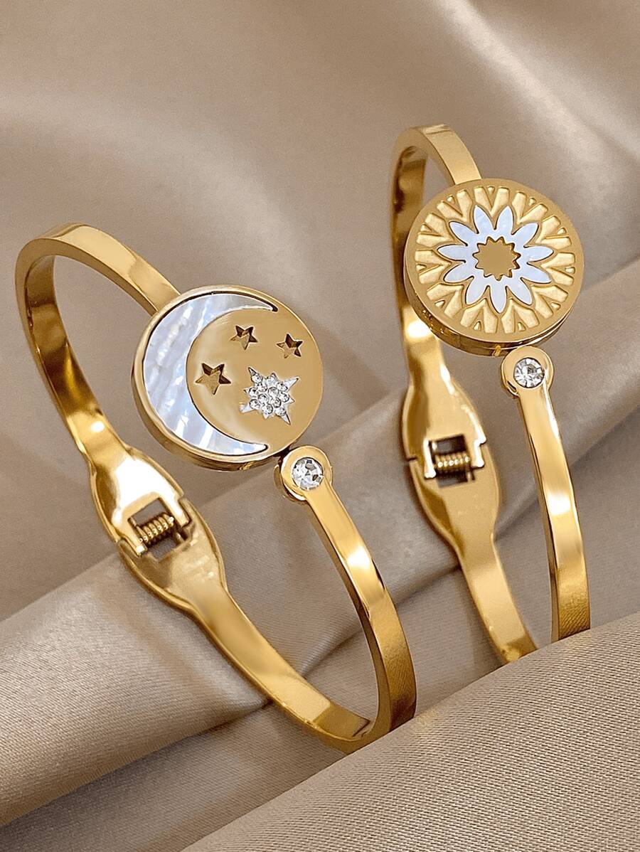 18K 镀金不锈钢浪漫金色月亮星星太阳花朵手镯镶嵌锆石，优雅可叠戴珠宝，适合女士和女孩，妈妈礼物，返校礼物，万圣节礼物，夏季旅行海滩珠宝，波西米亚风格珠宝，狂欢/舞会/派对/日常配饰，生日礼物