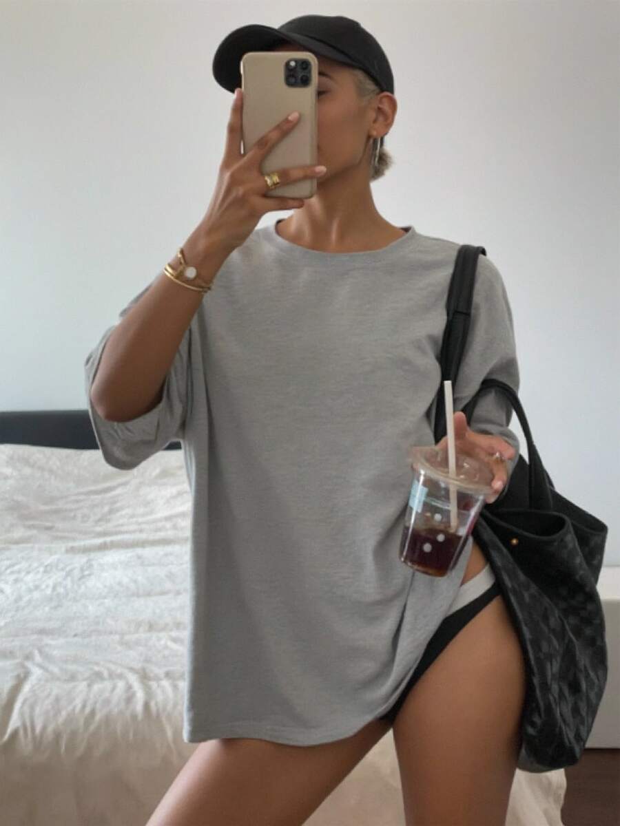 大码女式圆领短袖纯色简约休闲T恤，浅灰色T恤，日常百搭，春夏 - 淺灰色 - 查看 1