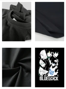 Camiseta masculina verano moda estampado personajes Blue Lock anime gráfico cuello redondo manga corta 220g algodón puro pesado gruesa y cómoda - Negro - Ver 4