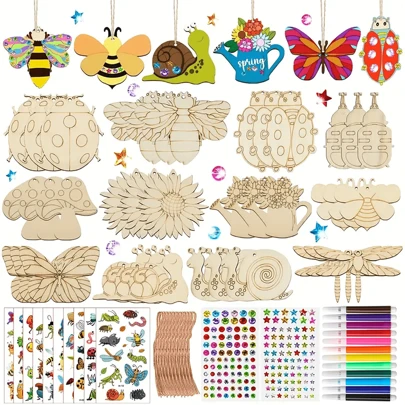72pcs Wooden Insect Craft Set - DIY Art & Craft Kit Includes 30 Unique Insect Patterns, 12 Vivid Watercolor Pens, 30 Jute Ropes, For Creative Painting And Decoration, Suitable For Birthday And All Occasions, Creative Painting Set | Intricate Insect Patterns | Wooden Craft Blocks