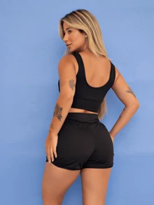 Women's Fitness Set Gym Top Shorts 3D Detail Side With Tarelles Pocket - 紅木色 - 查看 4