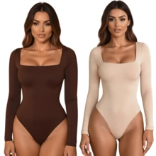 Kit 2 Women's Bodysuit Square Neckline Long Sleeve Suplex Lined Premium Elegant - 裸棕色 - 查看 1