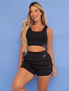 Women's Fitness Set Gym Top Shorts 3D Detail Side With Tarelles Pocket - 紅木色 - 查看 1