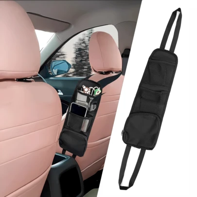 EIGIIS 1pc Car Seat Storage Hanging Organizer Bags With Oxford Cloth Grid, Strong Pull Lock, And Elastic Straps For Vehicle, SUV, And Truck Accessories