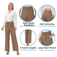 Women's Petite/Regular/Tall 3 Lengths Wrinkle-Free Flowy Office Dress Pants Slacks Breathable Workout Casual Wide Leg Stretchy High Waist Business Trousers - 鏽棕色 - 查看 4