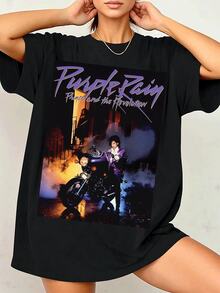 Vintage Inspired Purple Haze Graphic Tee For Women, Soft Cotton Blend, Casual Fit, Round Neck Short Sleeve TShirt Featuring Retro Motorcycle And City Night Print  A Stylish Throwback To Classic Rock Vibes!