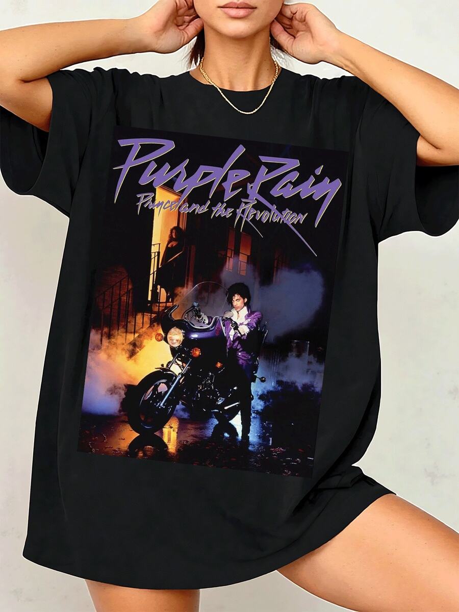 Vintage Inspired Purple Haze Graphic Tee For Women, Soft Cotton Blend, Casual Fit, Round Neck Short Sleeve TShirt Featuring Retro Motorcycle And City Night Print  A Stylish Throwback To Classic Rock Vibes!