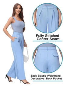 Women's Petite/Regular/Tall 3 Lengths Wide Leg High Waisted Flowy Dress Pants Workout Casual Trousers  Elegant  Slacks - 藍色 - 查看 3