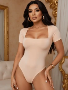 Kit 3 Women's Suplex Bodysuit Short Sleeve Square Neckline Low-Cut Sleeves Double Lining Premium Fabric - 黑色 裸色 白色 - 查看 3