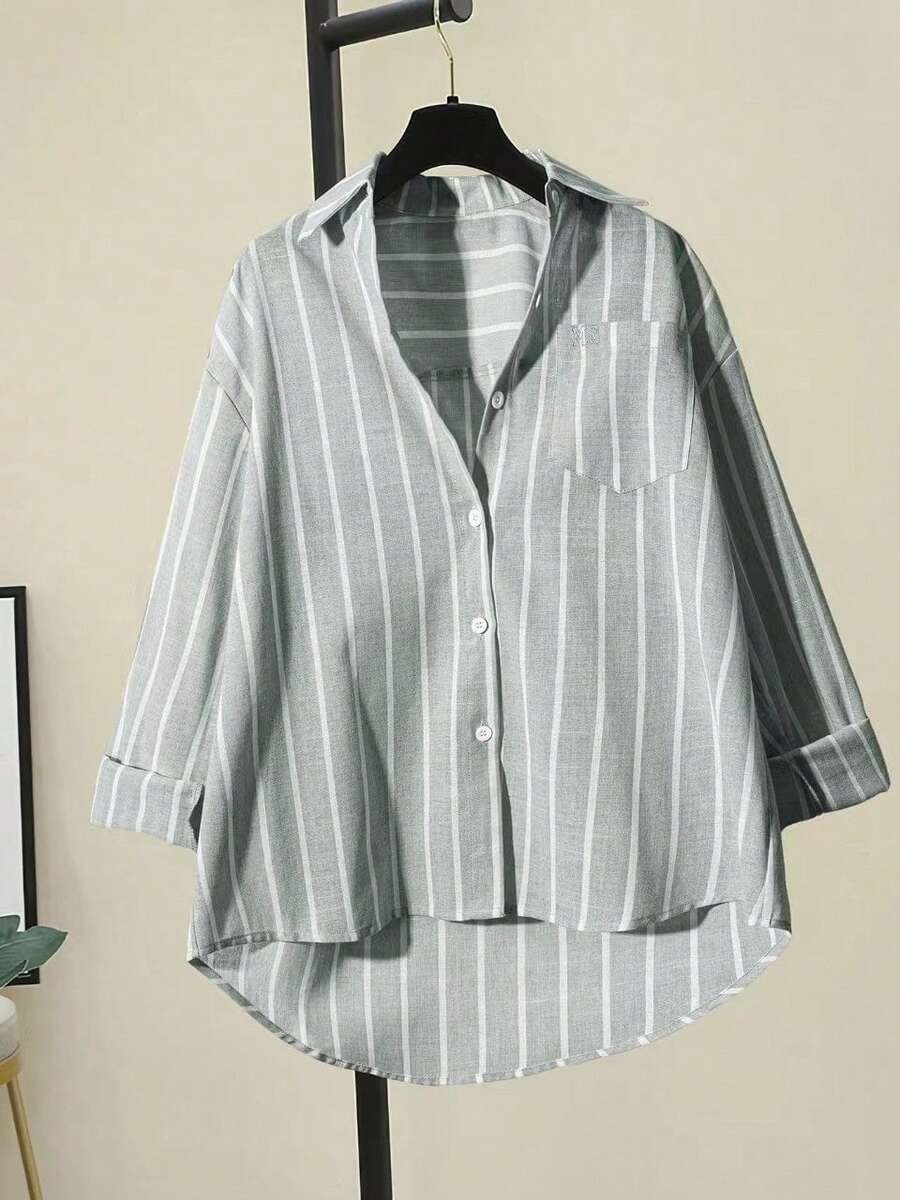 Striped Fashion Drop Shoulder Loose Patchwork Pocket Shirt Spring - Green White Stripe 2 - View 1