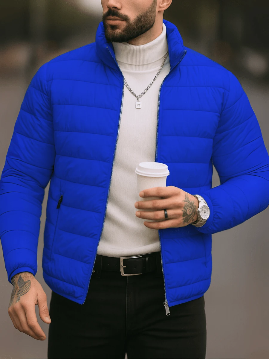 Chamarra Hombre Acolchada Estilo Urbano Elegante Invierno, Corte Slim, Forro Afelpado, Bolsillos con Cremallera - azul real - Ver 1