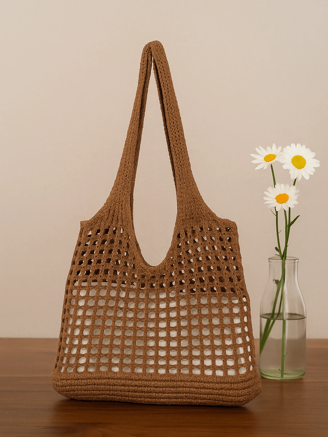 女士女孩针织单肩包复古镂空编织大容量花卉装饰购物手提包钩针包女士钩针包夏季沙滩托特包女士托特包购物袋女士手提包 - 咖啡 - 查看 1