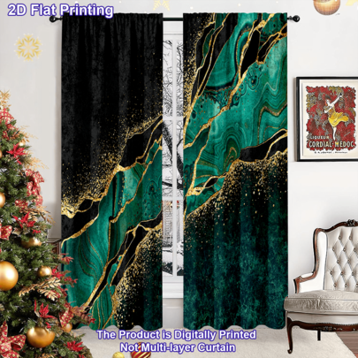 2 Stücke/Set 2D Flachdruck Polyester grüne und goldene Marmor Muster waschbare Vorhänge, künstlerische dekorative Gardinen, ohne Batterie, ohne Stromversorgung benötigt, saisonale Fensterbehandlung für Schlafzimmer, Wohnzimmer, Küche