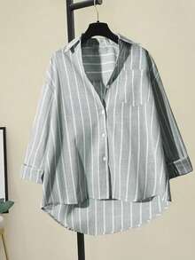 Striped Fashion Drop Shoulder Loose Patchwork Pocket Shirt Spring - Green White Stripe 2 - View 3