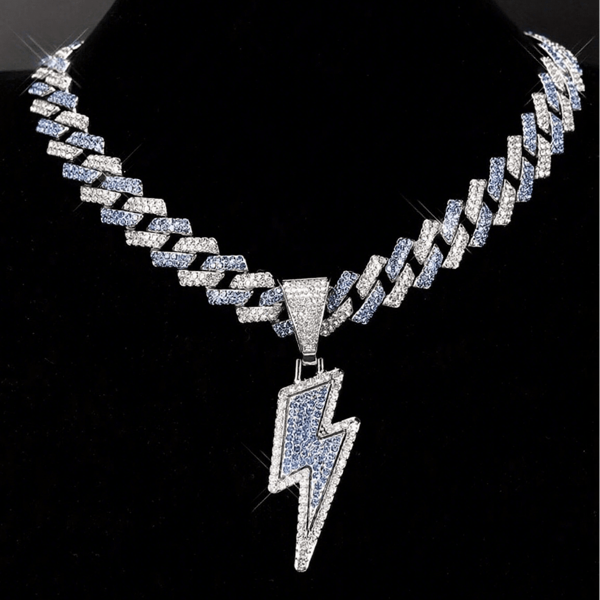 1pc Men's Icy Lightning Bolt Pendant Necklace - Shiny Cuban Chain, Hip Hop Rapper
