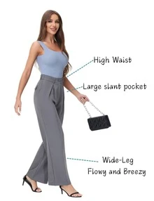 Women's Petite/Regular/Tall 3 Lengths Wide Leg High Waisted Flowy Dress Pants Workout Casual Trousers  Elegant  Slacks - Màu Xám nhạt - Xem 4