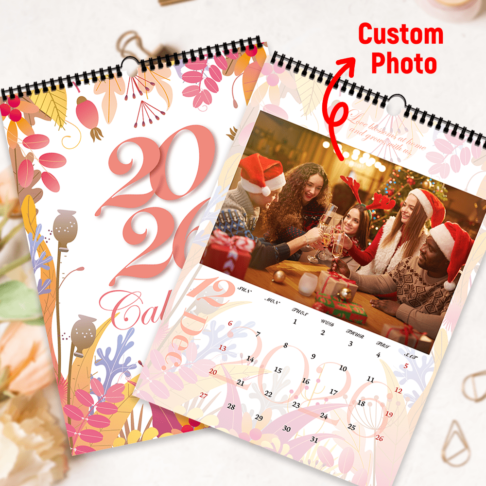 Customized 2026 Calendar, 12-Month Calendar, Pink Floral Calendar, 12 Different Photos, Family Portrait, Couple Photos, Wedding Photos Printing, Christmas Gift, Home Decor Calendar, Photo Customization, New Year Gift, Small Gift, Holiday Gift, 2026 Wall Calendar, New Year, Suitable For Family, Friends, Party Decor, English Version, Non-Holiday General Version,Multi-Functional, Ornamental,Reusable,Exquisite,Stylish,High-Quality,Colorful,Modern,Custom,Personalized,Unique,Ideal Gifts For Him,Ideal Gifts For Her,Boyfriend,Dad,Girlfriend,Mom,Family,Friends,Tea Room,Home,Garden,Office,For Anniversaries,For Valentine's Day,For Mother's Day,For Birthdays,For Father's Day,For Graduation,For Weddings,For Housewarming,Customized Gift Wrapping Supplies