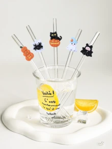 1 件/5 件/1 套万圣节卡通形状可重复使用玻璃吸管，吸管套可爱幽灵、蝙蝠、女巫帽和南瓜图案，透明冰沙、珍珠奶茶、果汁、牛奶、鸡尾酒吸管、派对、万圣节、魔术帽多风格弯曲玻璃吸管 - 彩色 - 查看 8