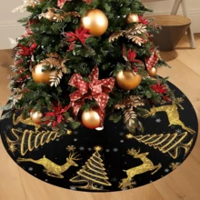 1pc/260pcs Christmas Tree Skirt With Gold Glitter Deer, Black Color With Holiday Snowflake & Tree Pattern, Christmas Atmosphere Tree Skirt, Carpet For Christmas Family Gathering Party Decoration, Fits Christmas Scene Decoration, Holiday Atmosphere Decor, Living Room Christmas Tree Arrangement, Holiday Party Scene, Home Christmas Decoration, Creates Sweet Christmas Vibe - Festive Snowflakes and Trees Pattern - View 2