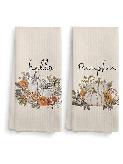 2 件柔软乡村秋季厨房毛巾 | 15.7x23.6 英寸，现代南瓜和花卉图案，涤纶，可机洗，米色农舍风格，适用于浴室和厨房装饰