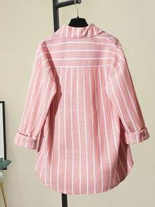 女式长袖条纹时尚落肩宽松拼布口袋衬衫 - 紅色白條2 - 查看 2