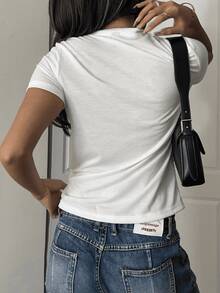 Camiseta de manga corta con estampado gráfico para mujer, informal, cuello redondo, tejido de punto, largo regular, elástica. - Blanco - Ver 4