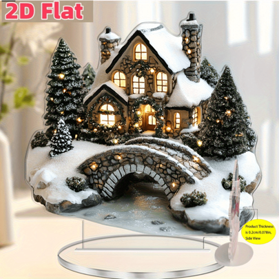 2D Acrylic Snow View Christmas House With Christmas Tree Display Stand, Suitable For All Seasons, Ideal For Home And Office Decoration. 2D Graphic Design