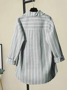 Striped Fashion Drop Shoulder Loose Patchwork Pocket Shirt Spring - Green White Stripe 2 - View 2