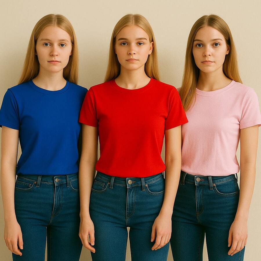 Kit com 3 Camisetas Femininas Slim 100% Algodão Leve, Fresca e Fininha Verão Praia e Festas - Azul Royal + Vermelha + Rosa Claro - Visão 1