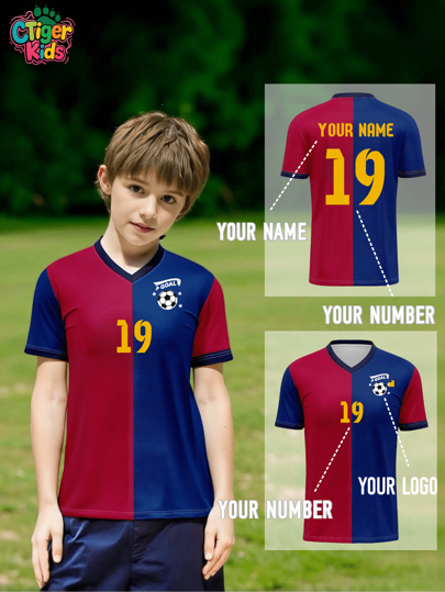 Koszulka piłkarska Barcelona Messi Yamal dla dzieci w kolorze czerwonym i niebieskim | Personalizowane imię i numer | Szybkoschnący, oddychający materiał | Koszulka treningowa do piłki nożnej i siatkówki | Młodzieżowa koszulka sportowa | Letni styl drużynowy | Prezent dla młodych sportowców, na Halloween, Święto Dziękczynienia, Boże Narodzenie i Nowy Rok