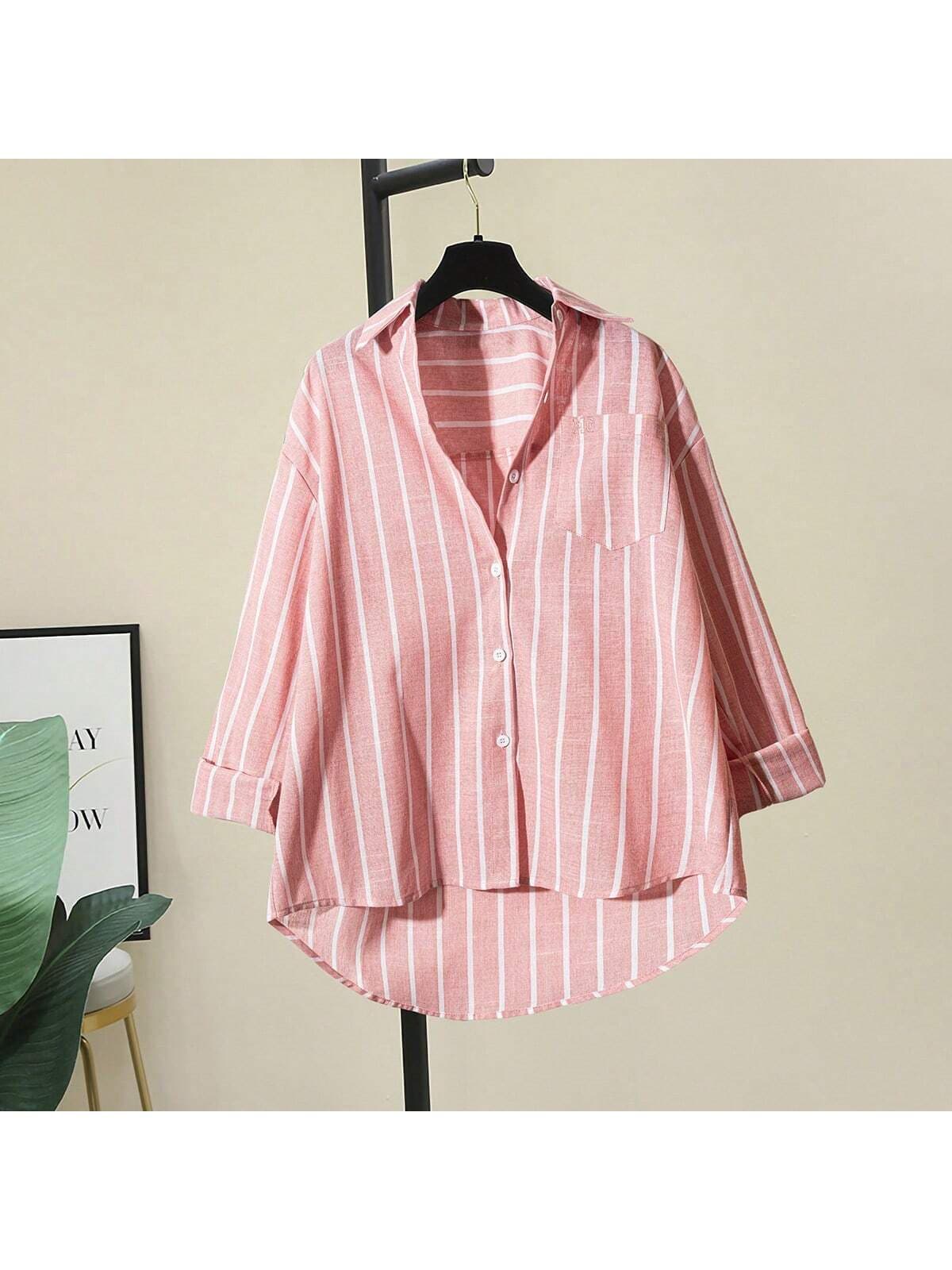 女式长袖条纹时尚落肩宽松拼布口袋衬衫 - 紅色白條2 - 查看 1