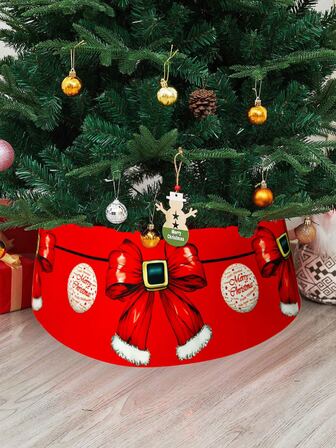 1pc/190pcs 40cm X 22cm Red Christmas Tree Skirt With Bow And "Merry Christmas" Print, Suitable For Christmas Tree Decoration, Restaurant Christmas Decor, Living Room Christmas Tree Setup, Holiday Party Scenes, Home Christmas Atmosphere Creation, Christmas Decoration, Cozy Scene Decor, Creating A Festive Christmas Ambiance